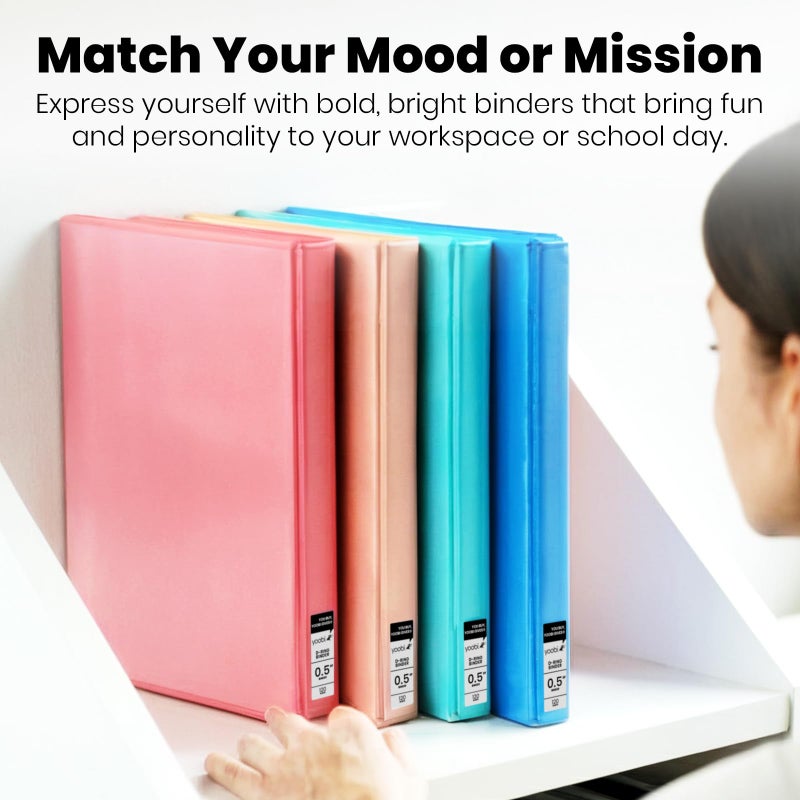 Yoobi 3 Ring Binders â€“ 0.5 Inch Binder with Round D Rings and 2 Pockets, Durable, PVC-Free Organizer with 120 Sheets Capacity, 4- Pack Colored Binders with Plastic Cover for Office Supplies - Image 2